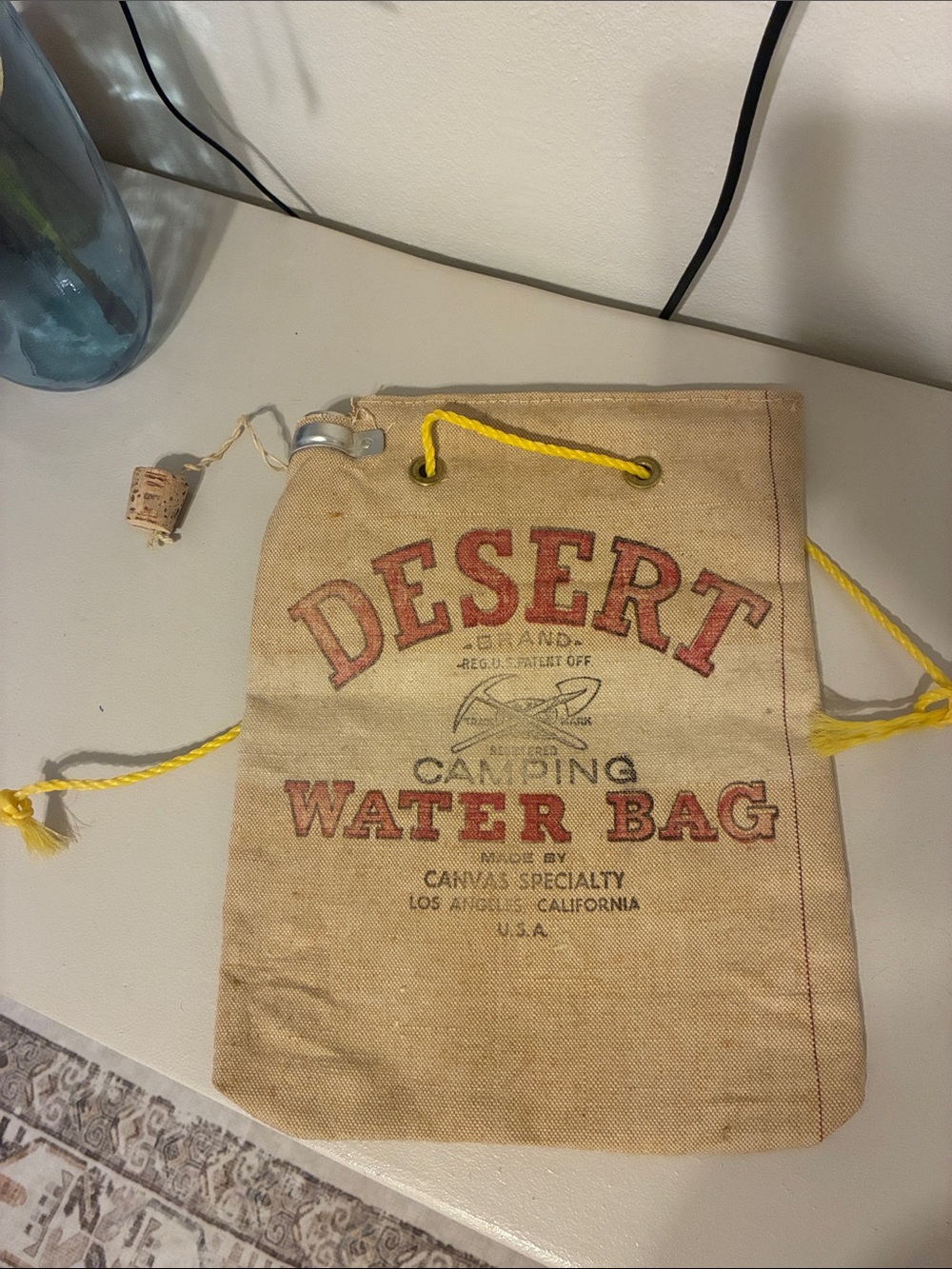 Desert Camping Water Bag - Natural Canvas with Yellow Drawcord